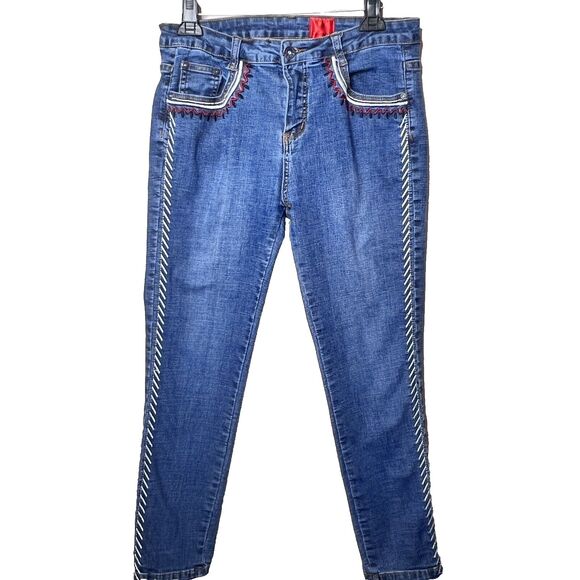 V Cristina Jeans Size 10 Blue Stretch Straight Leg Embroidered Leg Seam Pockets - Picture 1 of 5